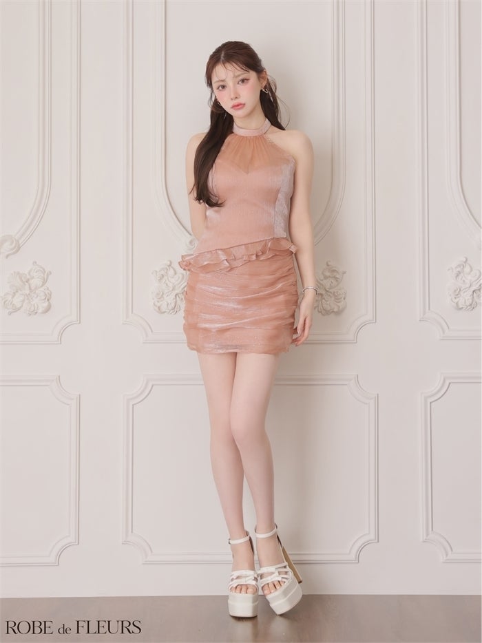ROBE de FLEURS ローブドフルール 【XSサイズあり】ラメシフォンホルターフリルミニキャバドレス fm4346