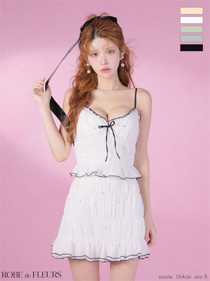 ROBE de FLEURS ローブドフルール 【XSサイズあり】 ビジューラメシフォンリボンセットアップミニキャバドレス fm4183-c