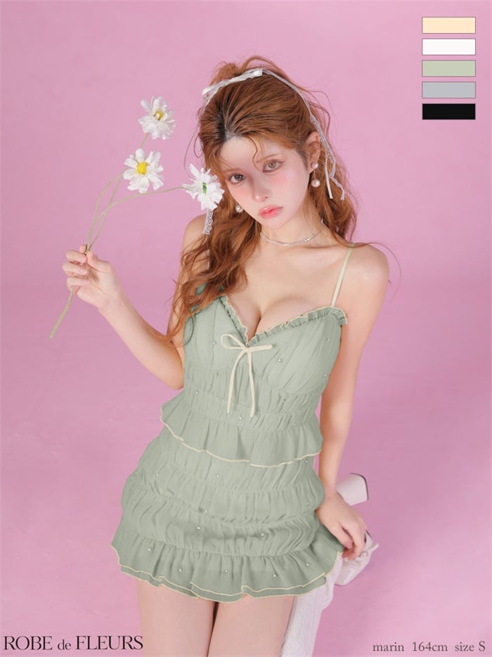 ROBE de FLEURS ローブドフルール 【XSサイズあり】 ビジューラメシフォンリボンセットアップミニキャバドレス fm4183-c