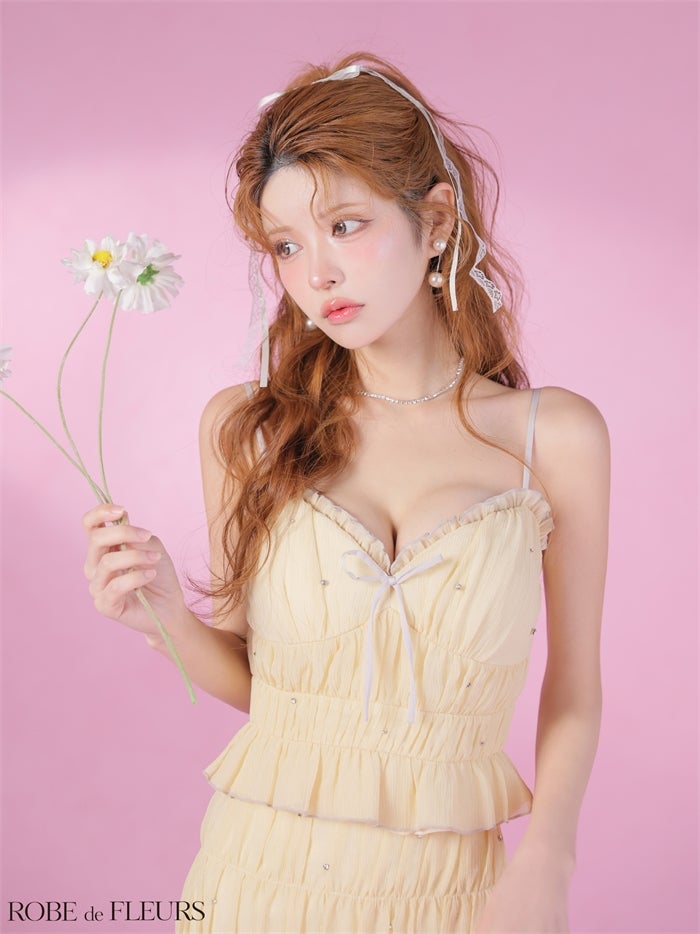 ROBE de FLEURS ローブドフルール 【XSサイズあり】 ビジューラメシフォンリボンセットアップミニキャバドレス fm4183-c