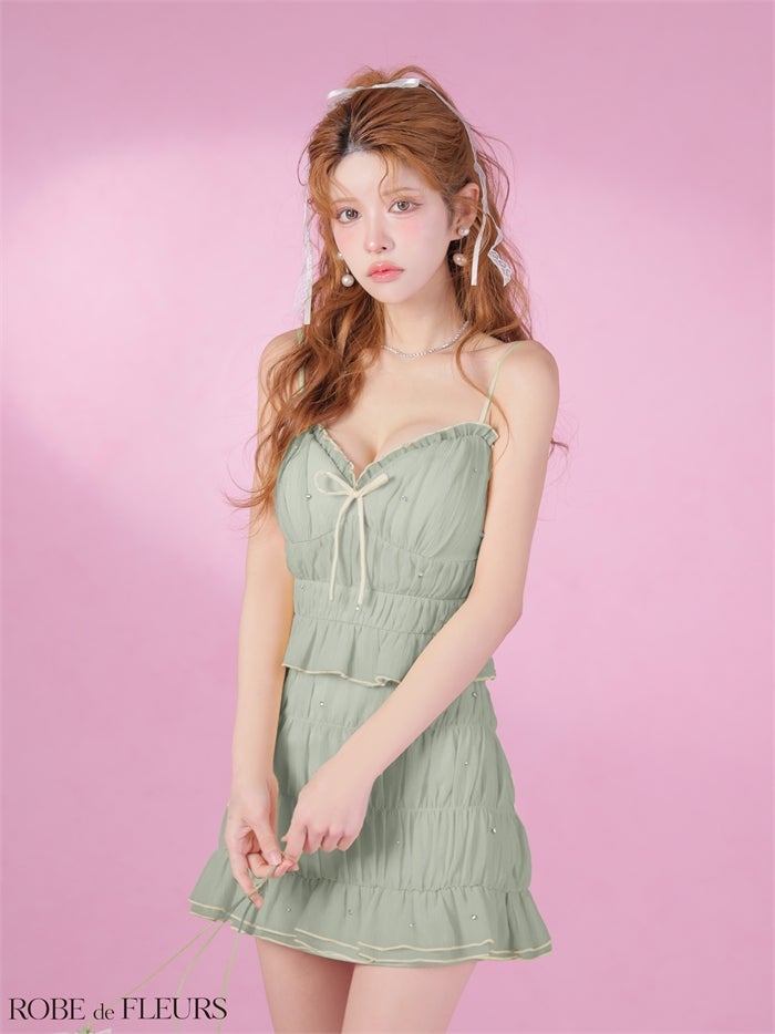 ROBE de FLEURS ローブドフルール 【XSサイズあり】 ビジューラメシフォンリボンセットアップミニキャバドレス fm4183-c