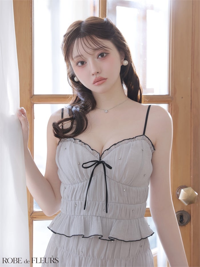 ROBE de FLEURS ローブドフルール 【XSサイズあり】 ビジューラメシフォンリボンセットアップミニキャバドレス fm4183-c