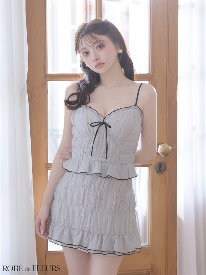 ROBE de FLEURS ローブドフルール 【XSサイズあり】 ビジューラメシフォンリボンセットアップミニキャバドレス fm4183-c