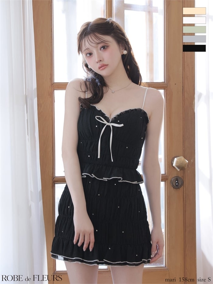  ROBE de FLEURS ローブドフルール 【XSサイズあり】 ビジューラメシフォンリボンセットアップミニキャバドレス fm4183