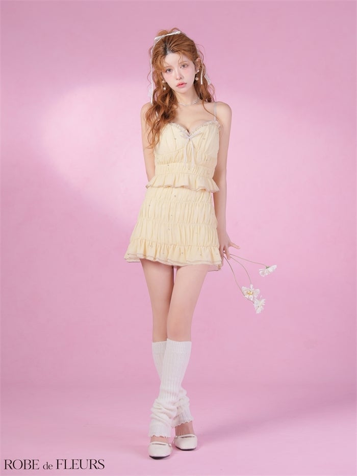  ROBE de FLEURS ローブドフルール 【XSサイズあり】 ビジューラメシフォンリボンセットアップミニキャバドレス fm4183