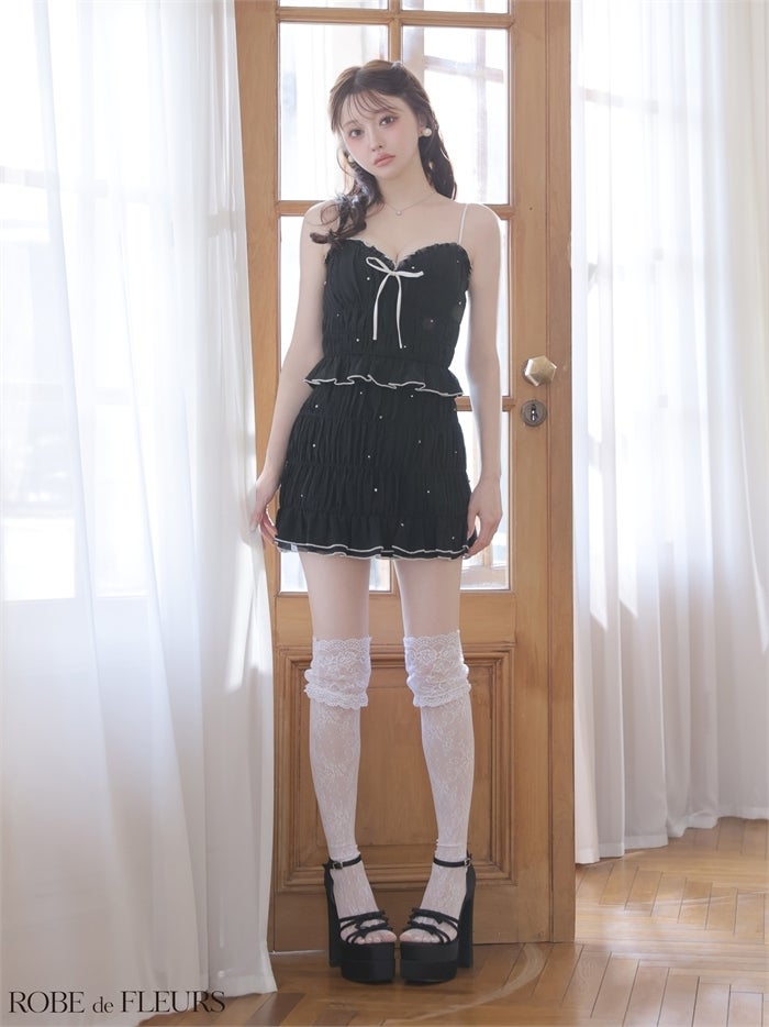  ROBE de FLEURS ローブドフルール 【XSサイズあり】 ビジューラメシフォンリボンセットアップミニキャバドレス fm4183