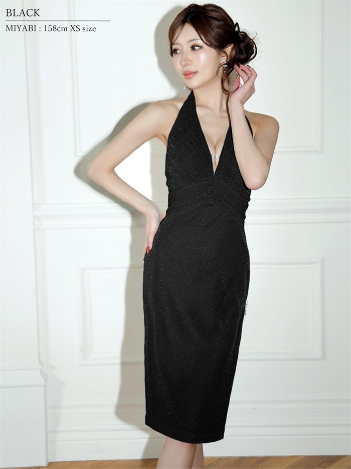 Veautt ヴュート バックオープンデザイン/Vカット/ビジューチェーン/タック/サイドファスナー/ラメ/タイト/ミディアムドレス vt032608