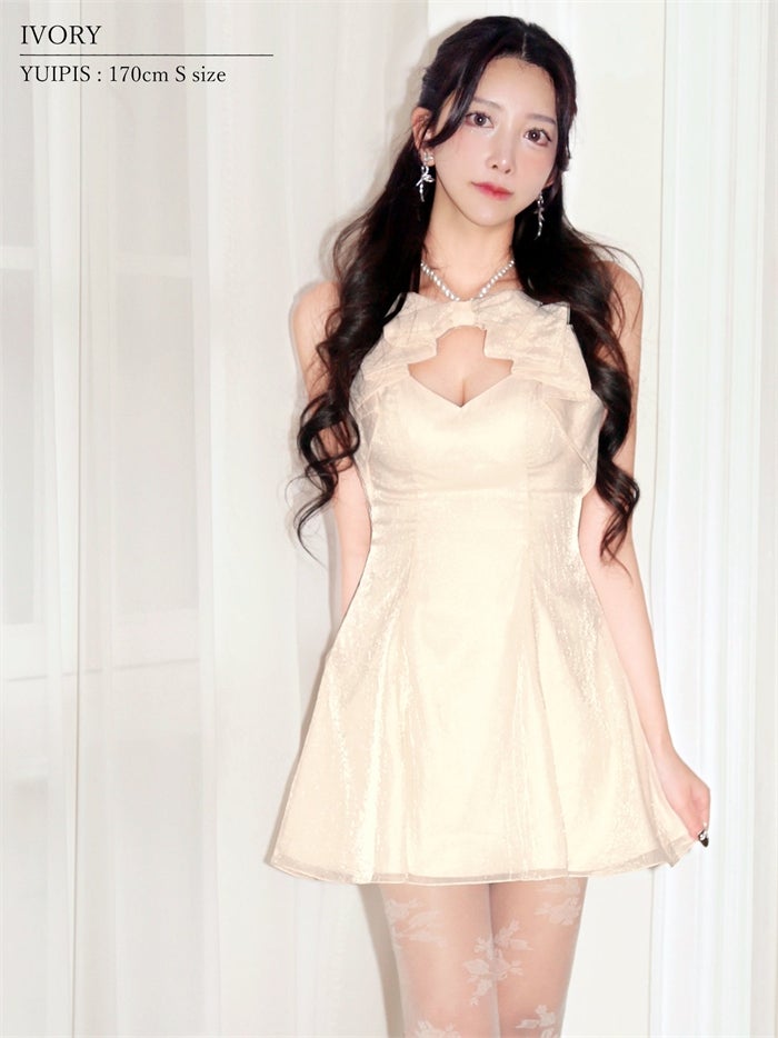 AngelR エンジェルアール ホルターネック/パールチェーン/フロントリボン/バストカット/ビジュー/フレア/マイクロミニドレス ar26818