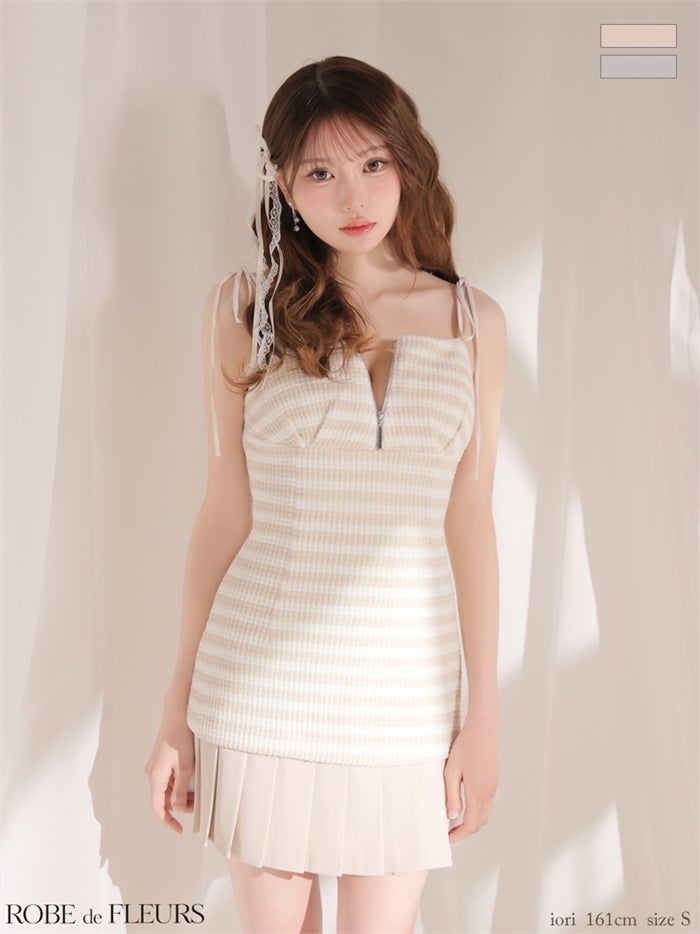 ニットボーダーショルダーリボンプリーツミニキャバドレス fm4661-c