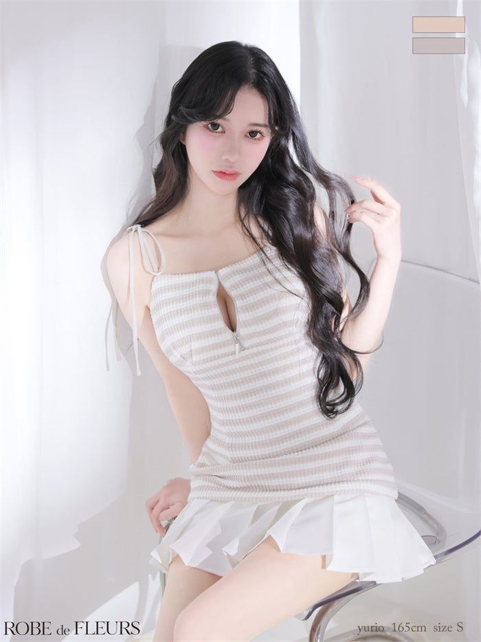 ニットボーダーショルダーリボンプリーツミニキャバドレス fm4661-c