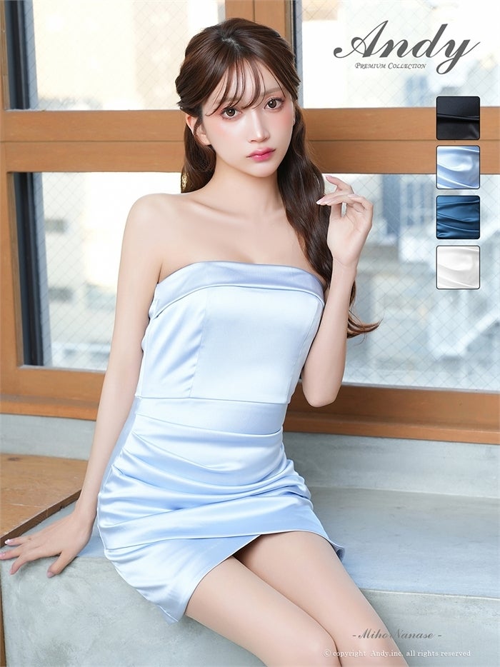 Andy アンディ サテン ベアトップ フロントジップ タックデザイン アシンメトリー タイト ミディアムドレス an-on3083