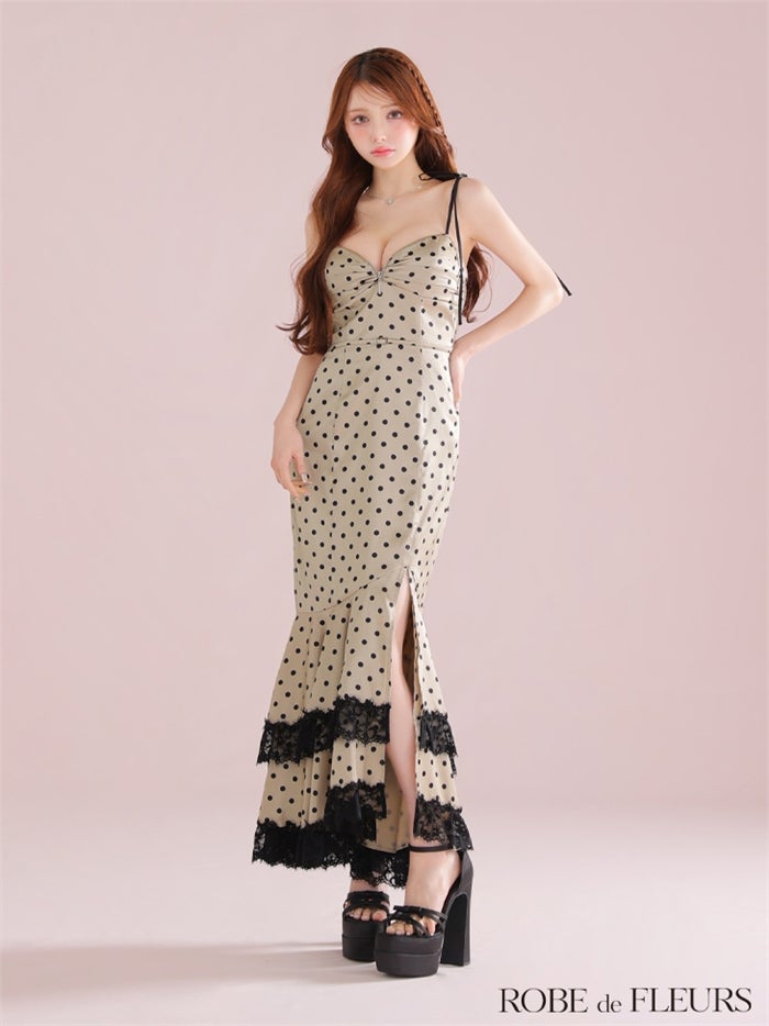 ROBE de FLEURS ローブドフルール 【XS～Lサイズあり】ドットサテンレースフリルマーメイドロングキャバドレス fm3299