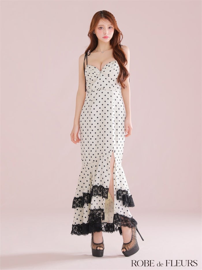 ROBE de FLEURS ローブドフルール 【XS～Lサイズあり】ドットサテンレースフリルマーメイドロングキャバドレス fm3299
