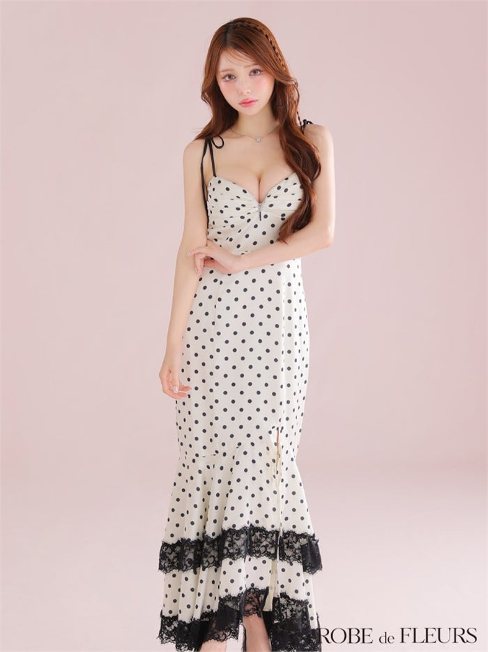 ROBE de FLEURS ローブドフルール 【XS～Lサイズあり】ドットサテンレースフリルマーメイドロングキャバドレス fm3299