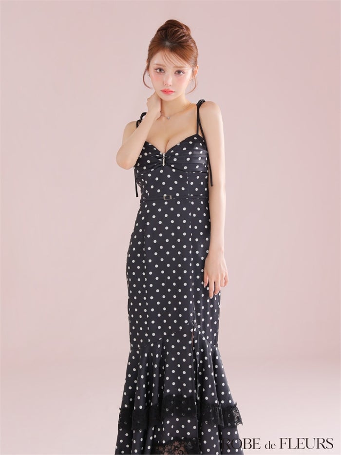 ROBE de FLEURS ローブドフルール 【XS～Lサイズあり】ドットサテンレースフリルマーメイドロングキャバドレス fm3299