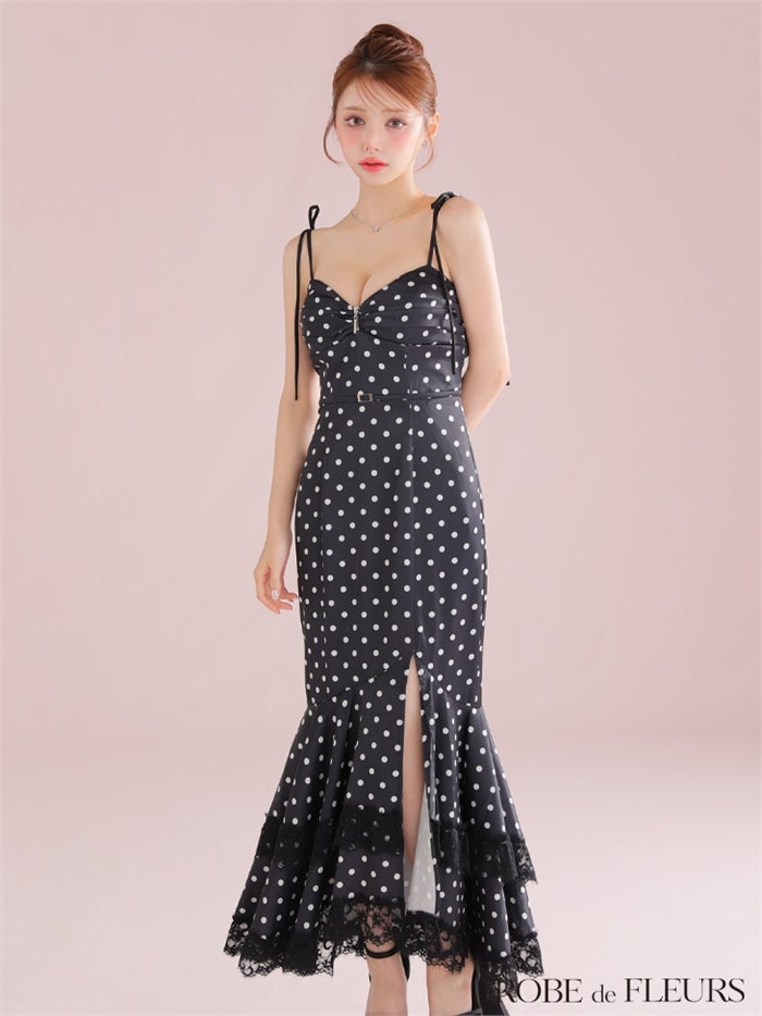 ROBE de FLEURS ローブドフルール 【XS～Lサイズあり】ドットサテンレースフリルマーメイドロングキャバドレス fm3299