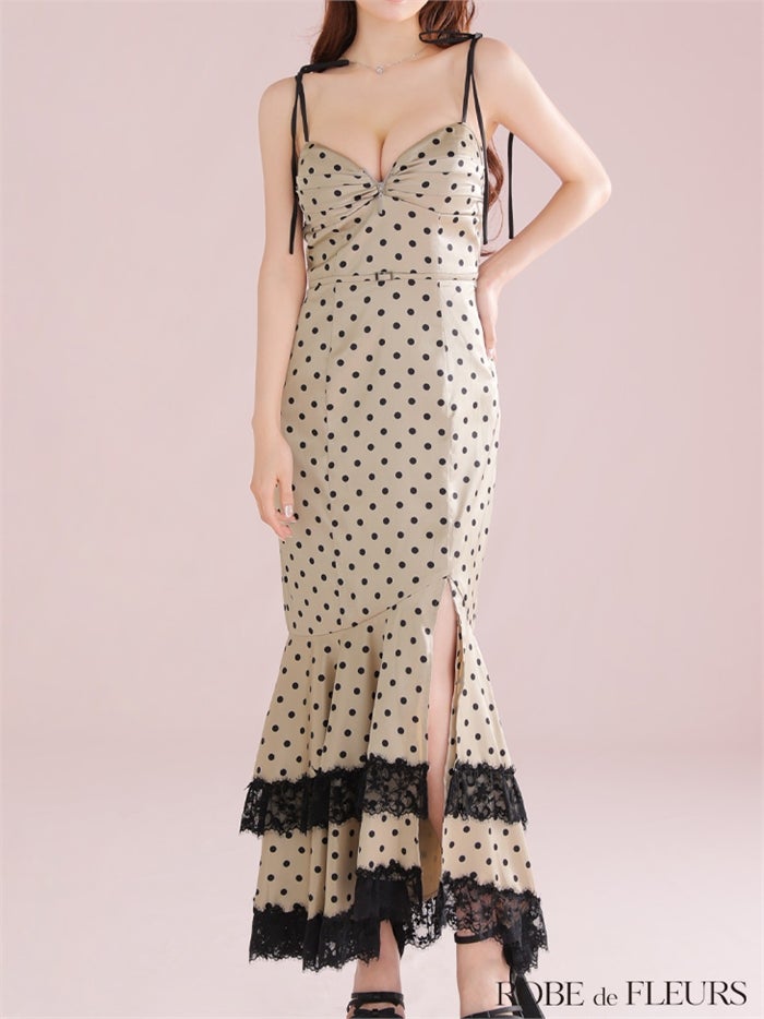 ROBE de FLEURS ローブドフルール 【XS～Lサイズあり】ドットサテンレースフリルマーメイドロングキャバドレス fm3299