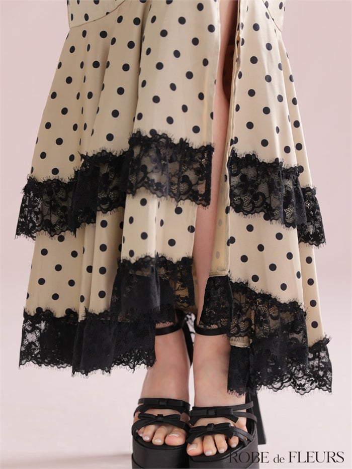 ROBE de FLEURS ローブドフルール 【XS～Lサイズあり】ドットサテンレースフリルマーメイドロングキャバドレス fm3299