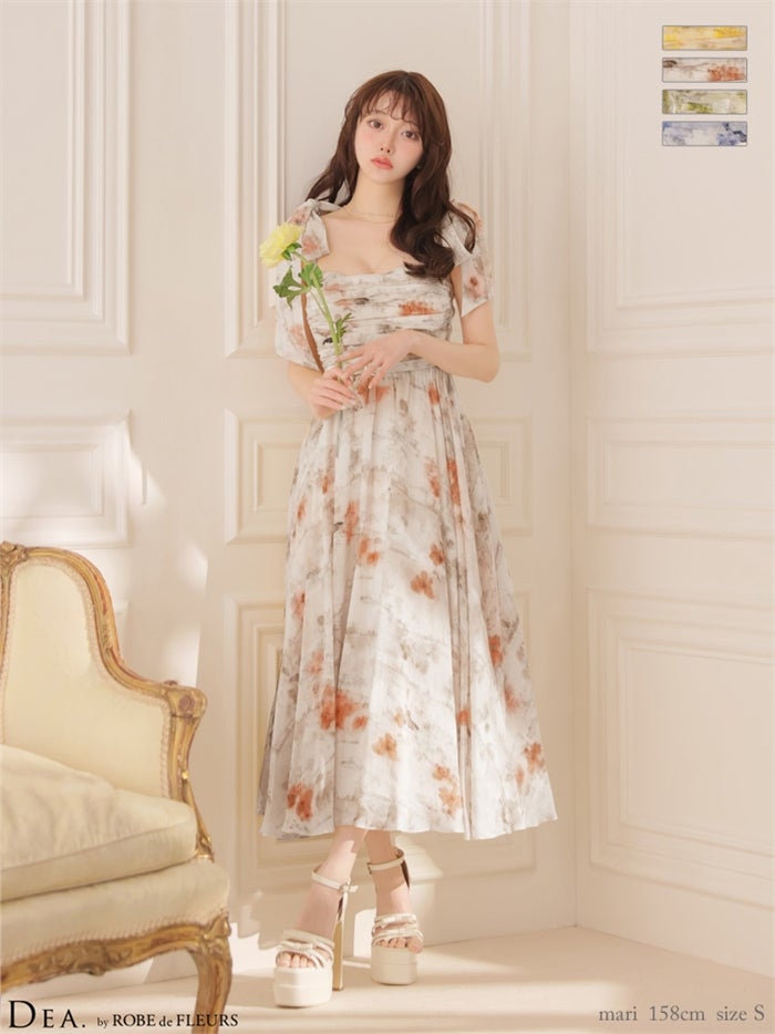 DEA. ディア バイ ローブドフルール 【XSサイズあり】ブラーフローラルギャザーリボンロングキャバドレス de3499-c