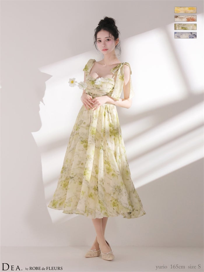 DEA. ディア バイ ローブドフルール 【XSサイズあり】ブラーフローラルギャザーリボンロングキャバドレス de3499-c