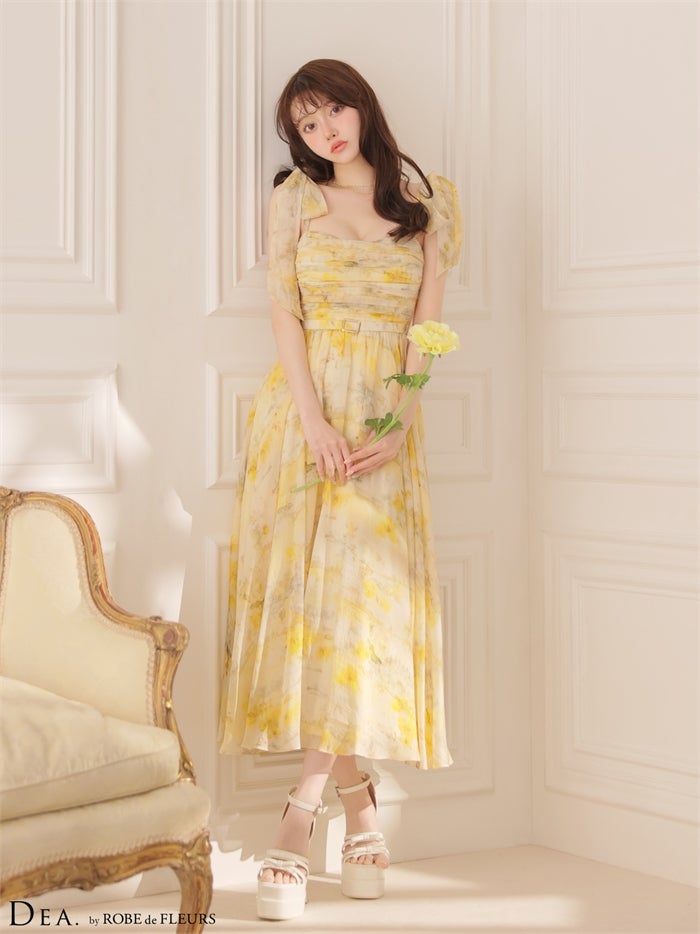 DEA. ディア バイ ローブドフルール 【XSサイズあり】ブラーフローラルギャザーリボンロングキャバドレス de3499-c