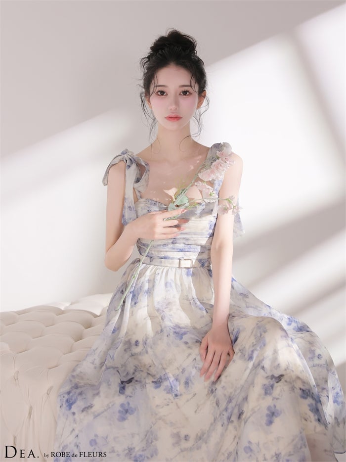 DEA. ディア バイ ローブドフルール 【XSサイズあり】ブラーフローラルギャザーリボンロングキャバドレス de3499-c