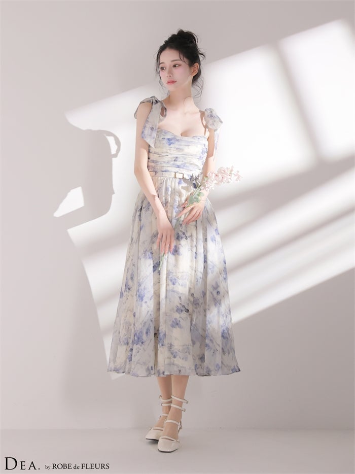 DEA. ディア バイ ローブドフルール 【XSサイズあり】ブラーフローラルギャザーリボンロングキャバドレス de3499-c