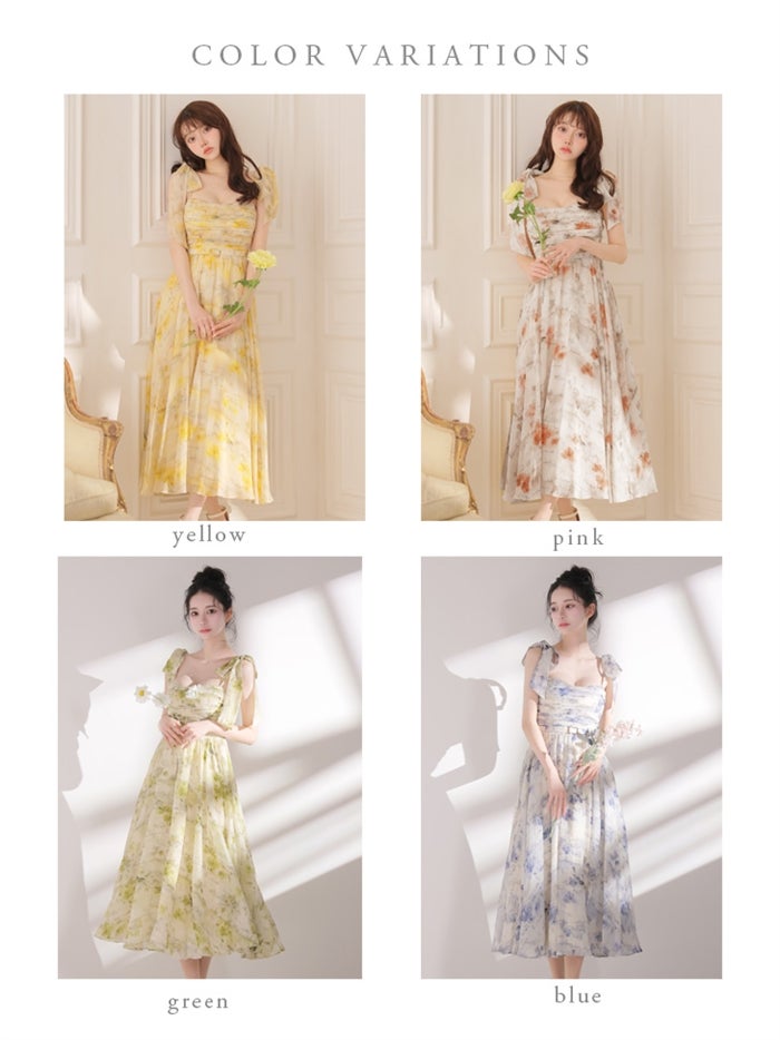 DEA. ディア バイ ローブドフルール 【XSサイズあり】ブラーフローラルギャザーリボンロングキャバドレス de3499-c