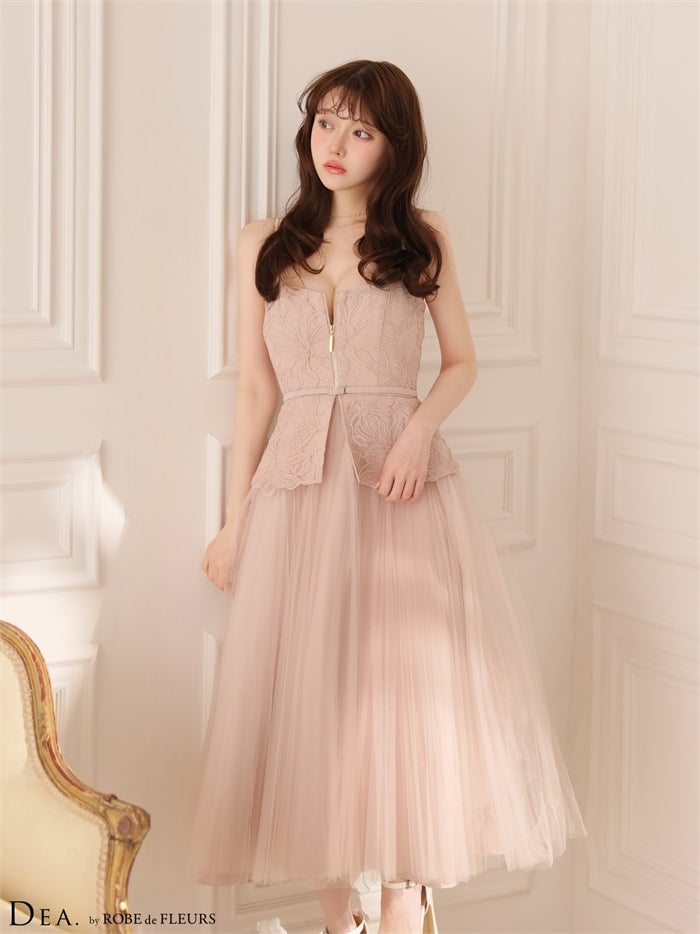  DEA. ディア バイ ローブドフルール 【XSサイズあり】 フラワーレースペプラムチュールロングキャバドレス de4920