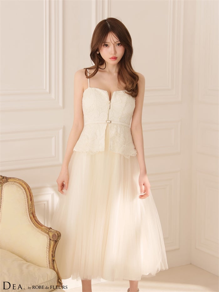  DEA. ディア バイ ローブドフルール 【XSサイズあり】 フラワーレースペプラムチュールロングキャバドレス de4920