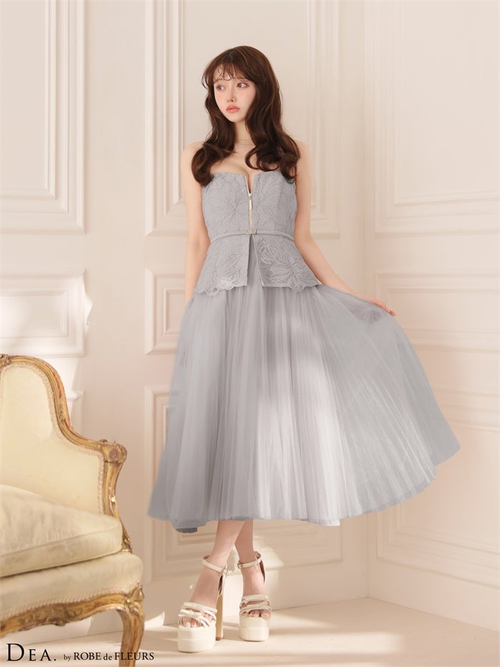  DEA. ディア バイ ローブドフルール 【XSサイズあり】 フラワーレースペプラムチュールロングキャバドレス de4920