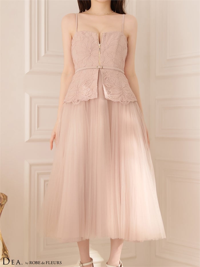  DEA. ディア バイ ローブドフルール 【XSサイズあり】 フラワーレースペプラムチュールロングキャバドレス de4920