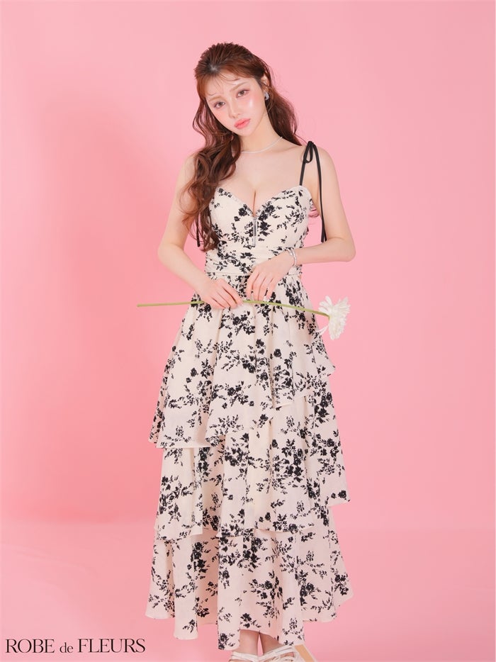 フラワーシフォンティアードロングキャバドレス fm4353