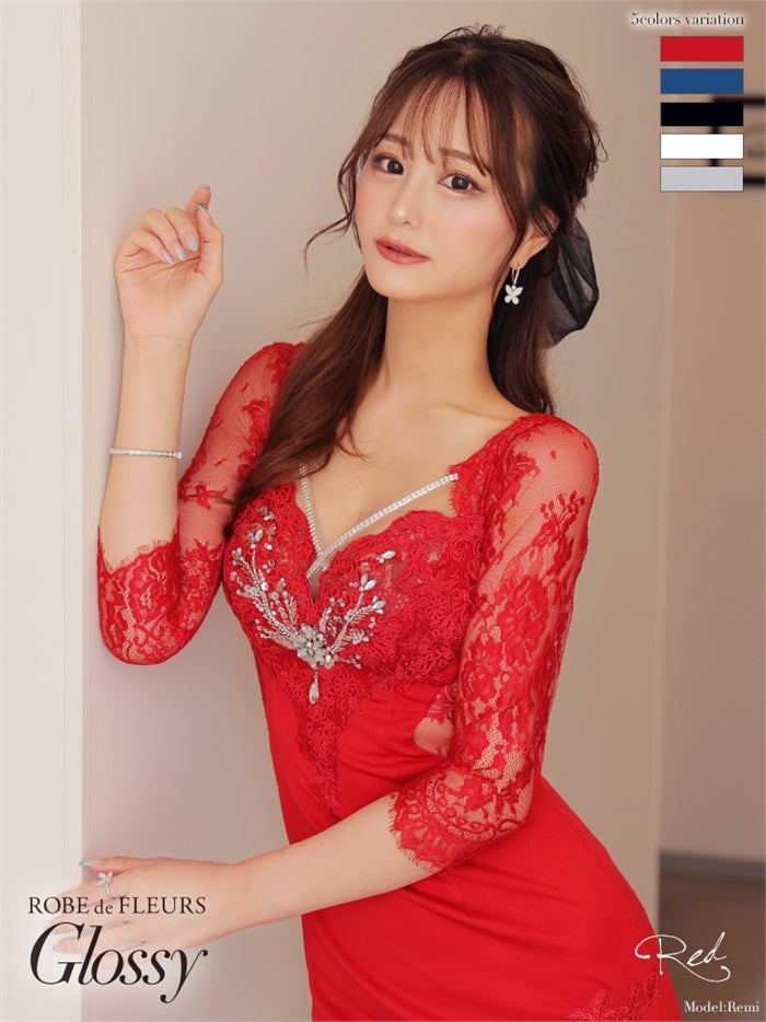 【ROBE de FLEURS SALE】Glossy ローブドフルールグロッシー 【Lサイズあり】レーススリーブ×バストクロスタイトミニキャバドレス gl2473-s26