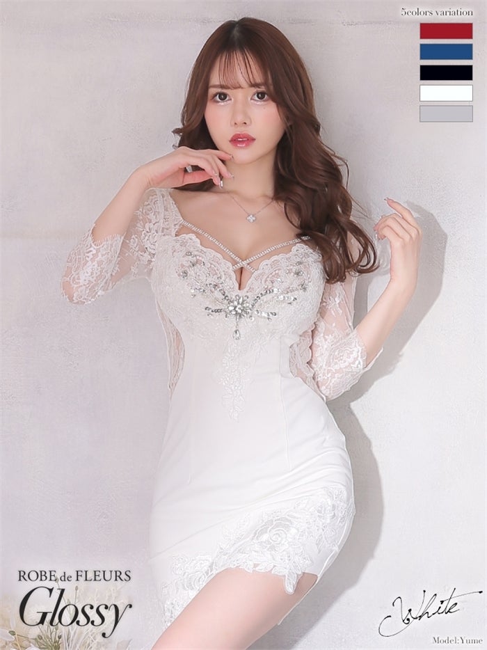 【ROBE de FLEURS SALE】Glossy ローブドフルールグロッシー 【Lサイズあり】レーススリーブ×バストクロスタイトミニキャバドレス gl2473-s26