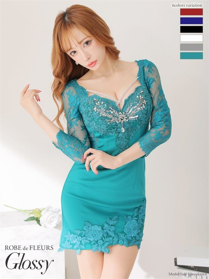 【ROBE de FLEURS SALE】Glossy ローブドフルールグロッシー 【Lサイズあり】レーススリーブ×バストクロスタイトミニキャバドレス gl2473-s26