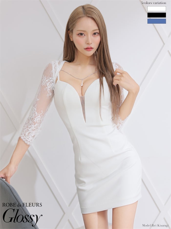 【ROBE de FLEURS SALE】Glossy ローブドフルールグロッシー 【XS～Lサイズあり】袖ありレース×バストビジューシンプルタイトキャバドレス gl2861-s26