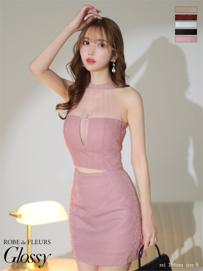【ROBE de FLEURS SALE】Glossy ローブドフルールグロッシー 【XSサイズあり】ホルターネックxラメニットセットアップキャバドレス gl2897-s26