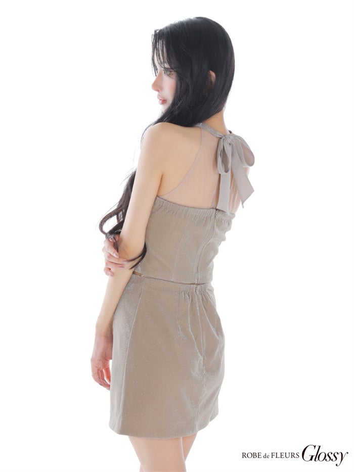 【ROBE de FLEURS SALE】Glossy ローブドフルールグロッシー 【XSサイズあり】ホルターネックxラメニットセットアップキャバドレス gl2897-s26