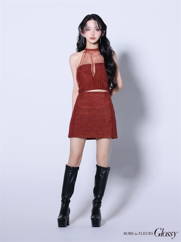 【ROBE de FLEURS SALE】Glossy ローブドフルールグロッシー 【XSサイズあり】ホルターネックxラメニットセットアップキャバドレス gl2897-s26
