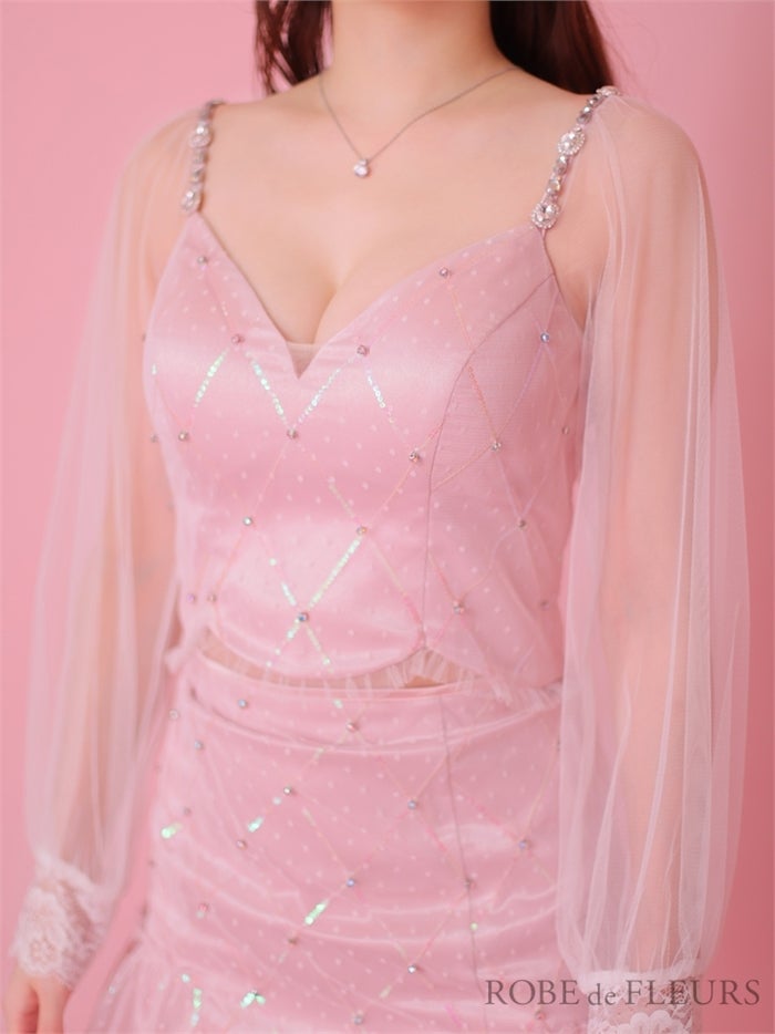 【ROBE de FLEURS SALE】ROBE de FLEURS ローブドフルール 【XSサイズあり】スパンコール×ドットチュール袖付きセットアップミニキャバドレス fm2786-s26