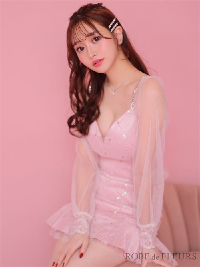 【ROBE de FLEURS SALE】ROBE de FLEURS ローブドフルール 【XSサイズあり】スパンコール×ドットチュール袖付きセットアップミニキャバドレス fm2786-s26