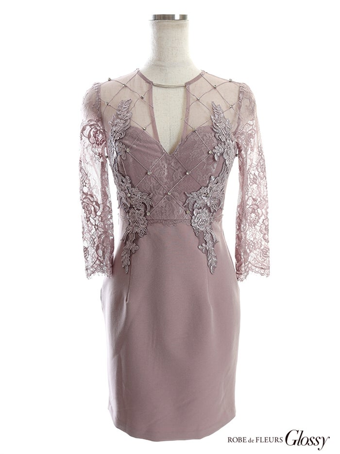 【ROBE de FLEURS SALE】Glossy ローブドフルールグロッシー 【XS～Lサイズあり】レースブロックチュールｘロングスリーブタイトミニ gl2535-s26