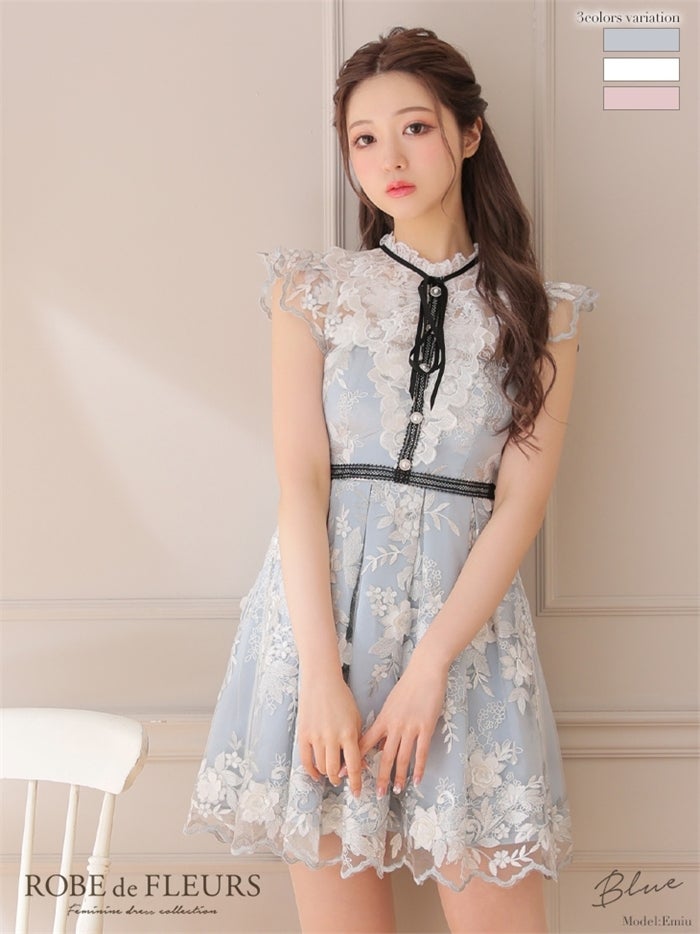【ROBE de FLEURS SALE】ROBE de FLEURS ローブドフルール 【XSサイズあり】リボンｘ立体フラワーレースフレアミニキャバドレス fm2590-s26