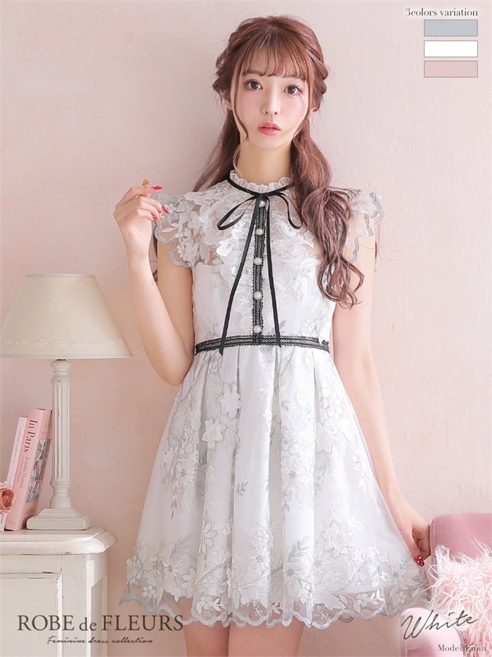 【ROBE de FLEURS SALE】ROBE de FLEURS ローブドフルール 【XSサイズあり】リボンｘ立体フラワーレースフレアミニキャバドレス fm2590-s26