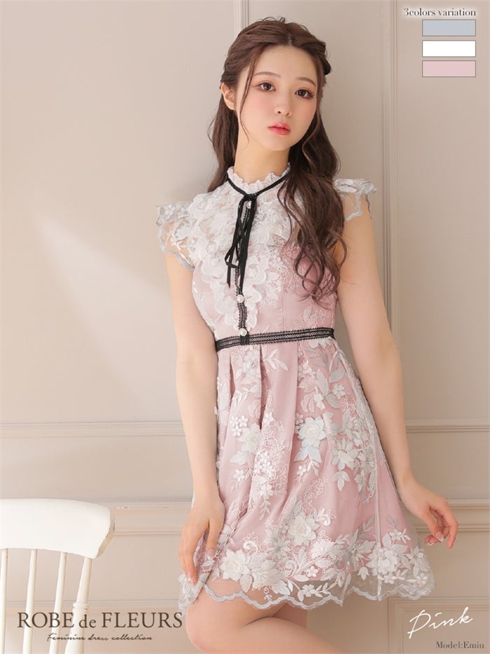 【ROBE de FLEURS SALE】ROBE de FLEURS ローブドフルール 【XSサイズあり】リボンｘ立体フラワーレースフレアミニキャバドレス fm2590-s26