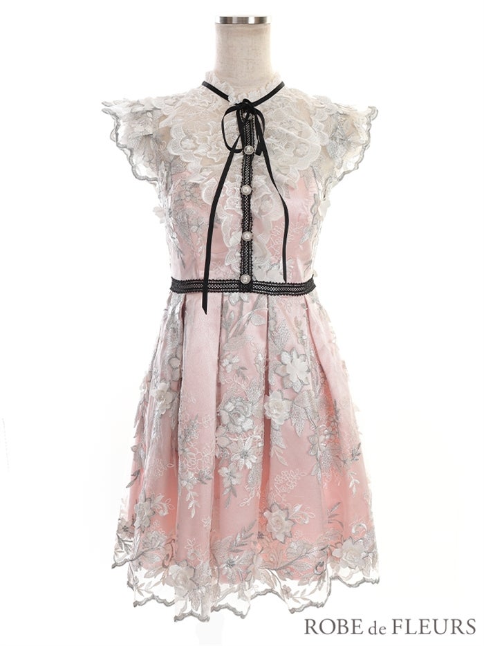 【ROBE de FLEURS SALE】ROBE de FLEURS ローブドフルール 【XSサイズあり】リボンｘ立体フラワーレースフレアミニキャバドレス fm2590-s26