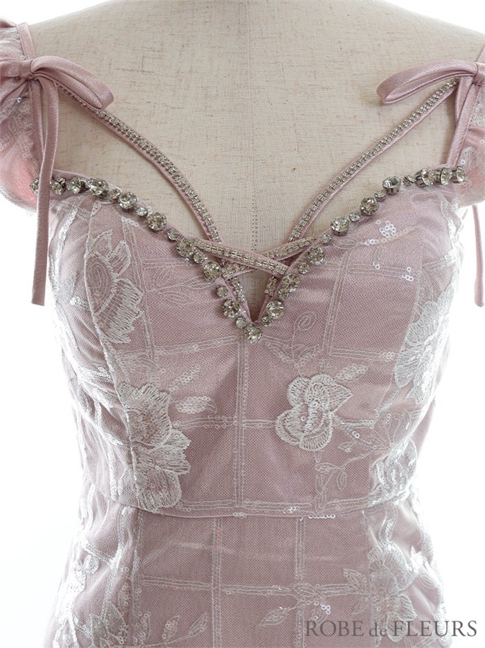 【ROBE de FLEURS SALE】ROBE de FLEURS ローブドフルール 【XSサイズあり】格子柄フラワーレースｘリボン付きフリル袖キャバドレス fm2653-s26