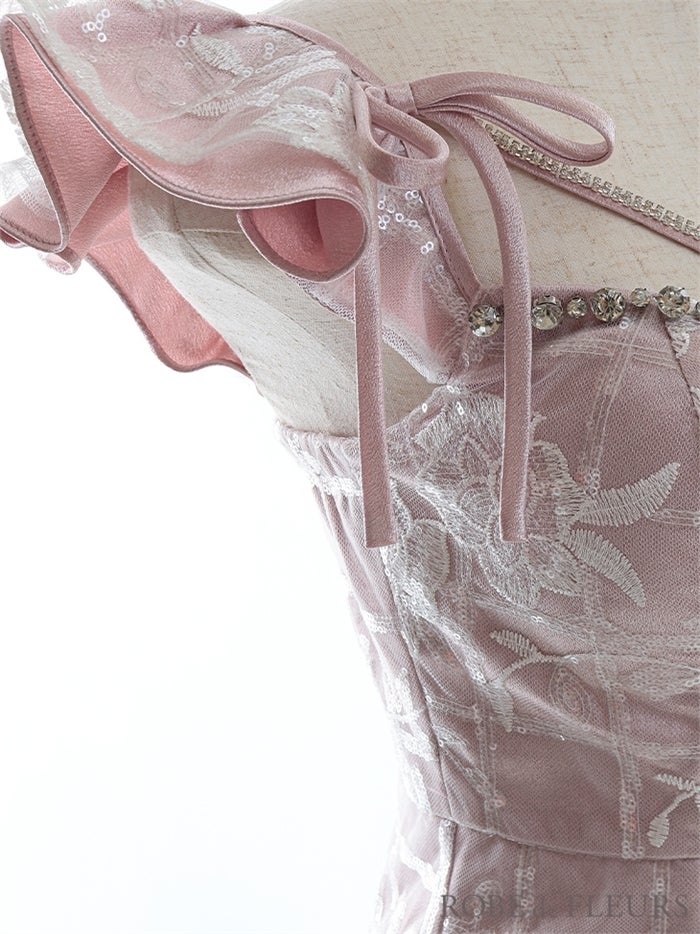 【ROBE de FLEURS SALE】ROBE de FLEURS ローブドフルール 【XSサイズあり】格子柄フラワーレースｘリボン付きフリル袖キャバドレス fm2653-s26