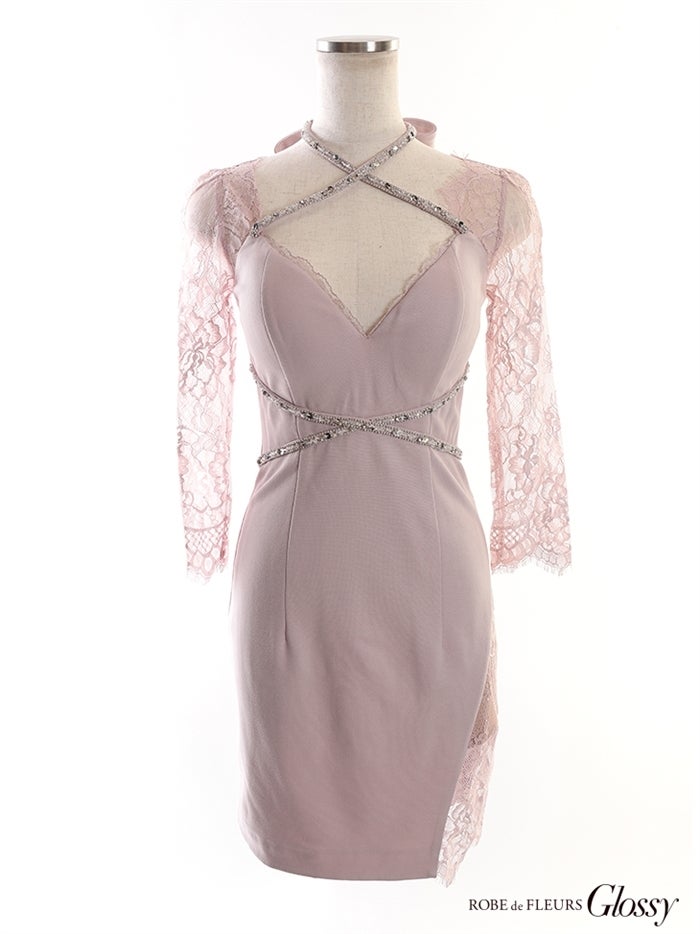 【ROBE de FLEURS SALE】Glossy ローブドフルールグロッシー 【XS～Lサイズあり】2WAYホルター×レーススリーブタイトミニキャバドレス gl2520-s26